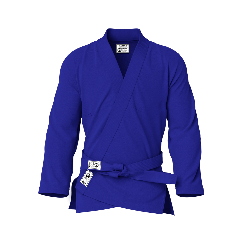 Front view of blue gi for competition showing ranked patch placement and IBJJF legal design.