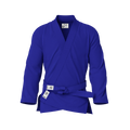Front view of blue gi for competition showing ranked patch placement and IBJJF legal design.