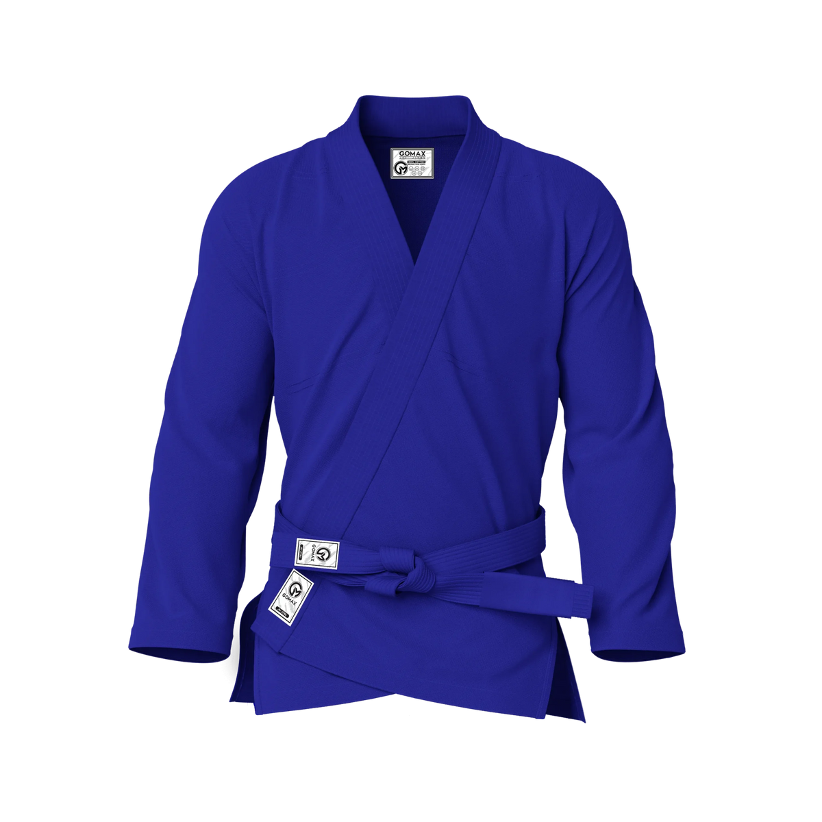 Front view of blue gi for competition showing ranked patch placement and IBJJF legal design.