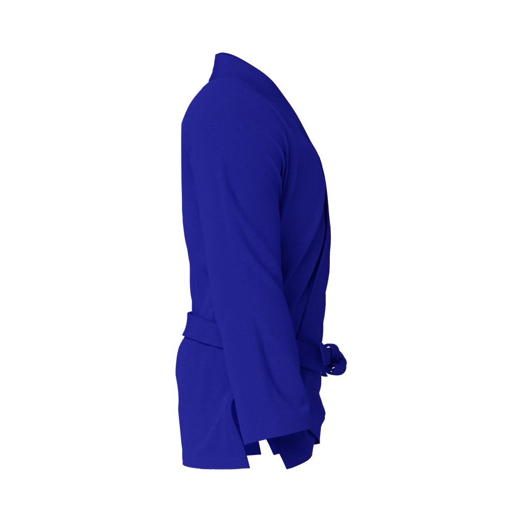 Side profile of ranked blue BJJ gi highlighting reinforced stitching and athletic fit for competition.