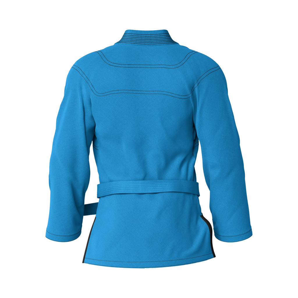 Back angle of blue gi for regular training designed for mat sessions and movement-focused grappling.