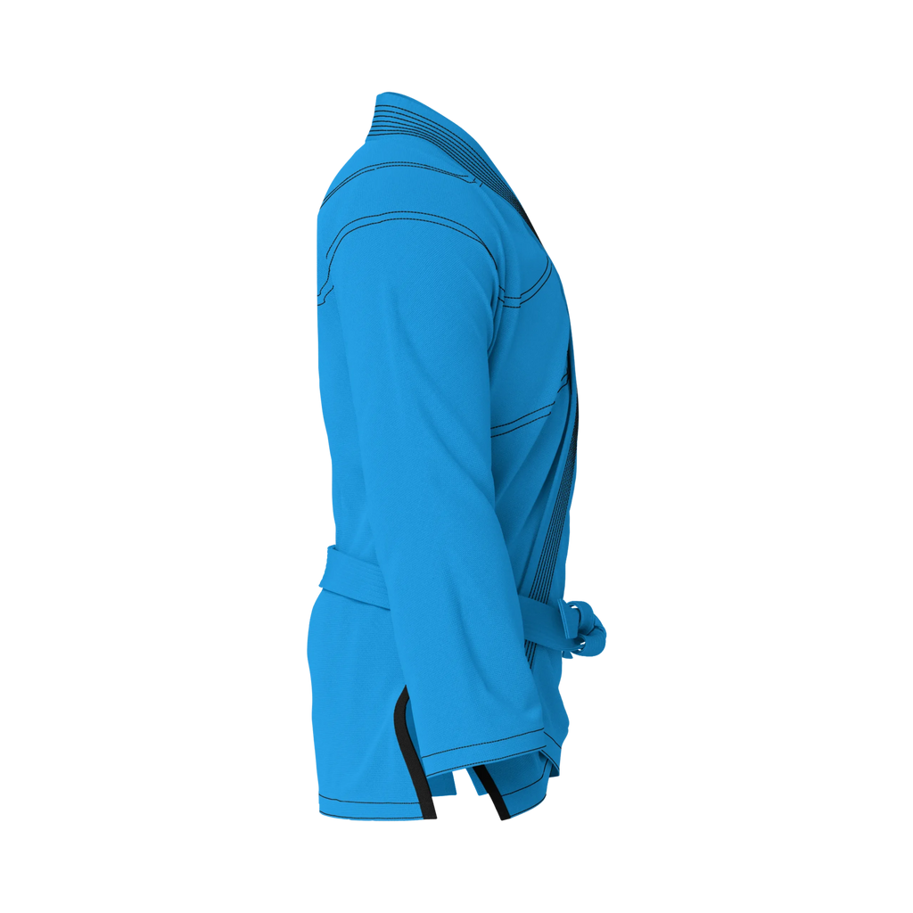 Side profile of everyday blue BJJ gi highlighting athletic cut and durable weave for gym use.