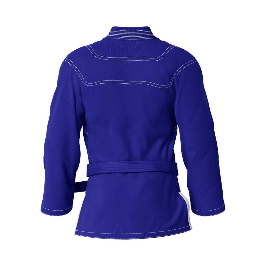 Back angle of blue gi for children designed for boys & girls practicing Brazilian jiu jitsu.