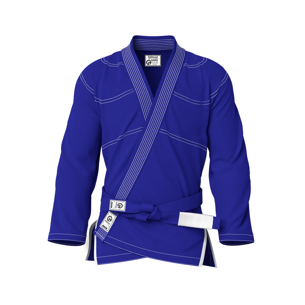 Front view of blue gi for kids showing youth-friendly fit and reinforced stitching for junior BJJ training.