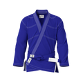 Front view of blue gi for kids showing youth-friendly fit and reinforced stitching for junior BJJ training.