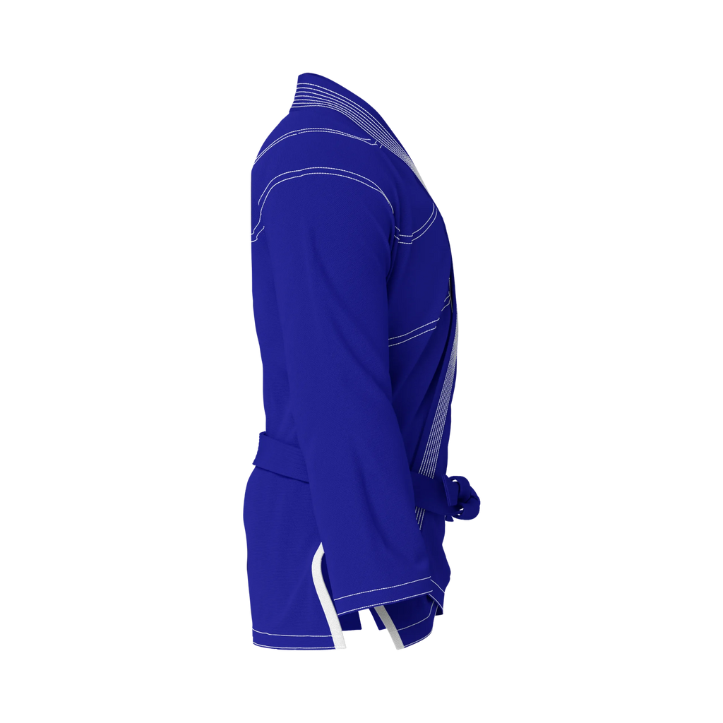Side profile of junior blue gi highlighting pearl weave texture and movement-ready design for youth athletes.