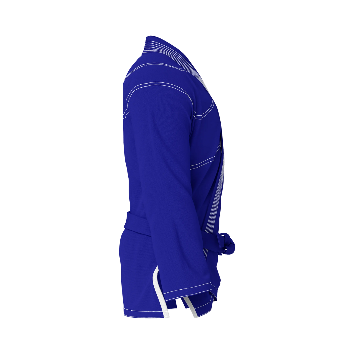 Side profile of junior blue gi highlighting pearl weave texture and movement-ready design for youth athletes.
