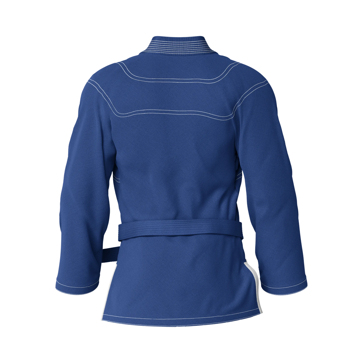 Back angle of gym-to-street blue gi tailored for movement and everyday grappling style.