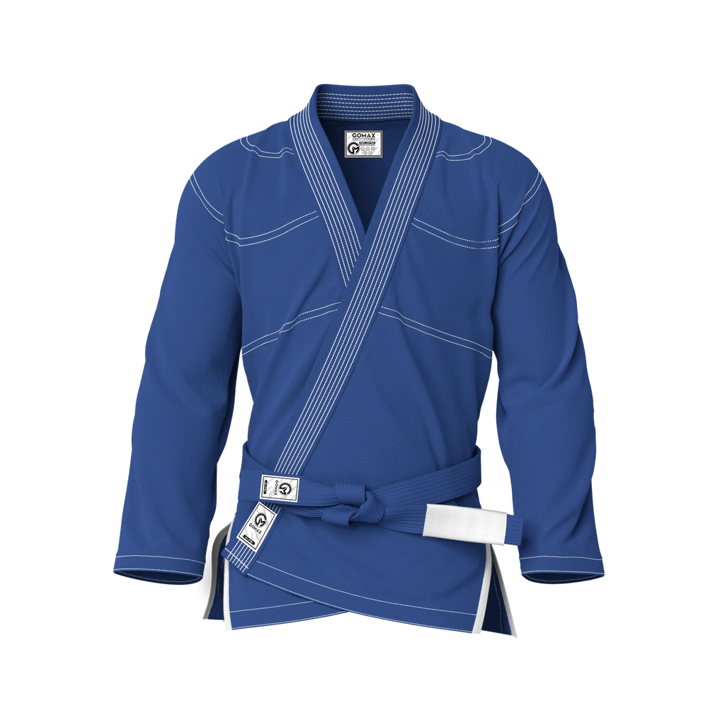 Front view of blue gi for lifestyle showing casual fit and fashion-forward detailing for BJJ training.