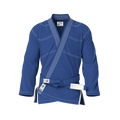 Front view of blue gi for lifestyle showing casual fit and fashion-forward detailing for BJJ training.