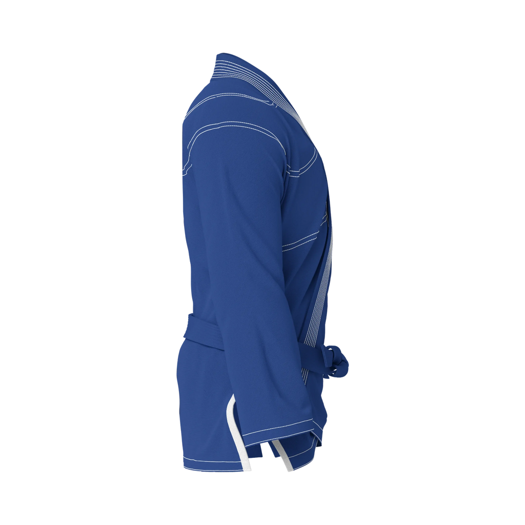Side profile of casual blue BJJ gi highlighting sleek silhouette and versatile lifestyle-ready design.
