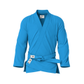 Front view of blue gi for promotions showing elegant cut and formal detailing for belt tests and grading.