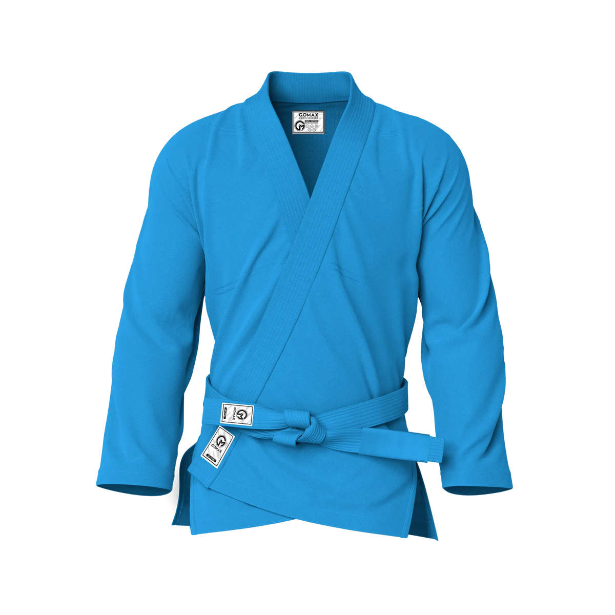 Front view of blue gi for promotions showing elegant cut and formal detailing for belt tests and grading.