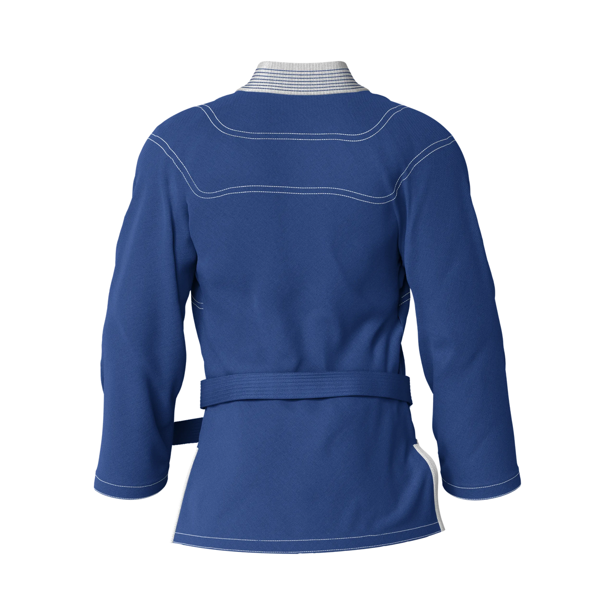 Back angle of long fit blue BJJ gi tailored for tall athletes with reinforced stitching and extended cut.
