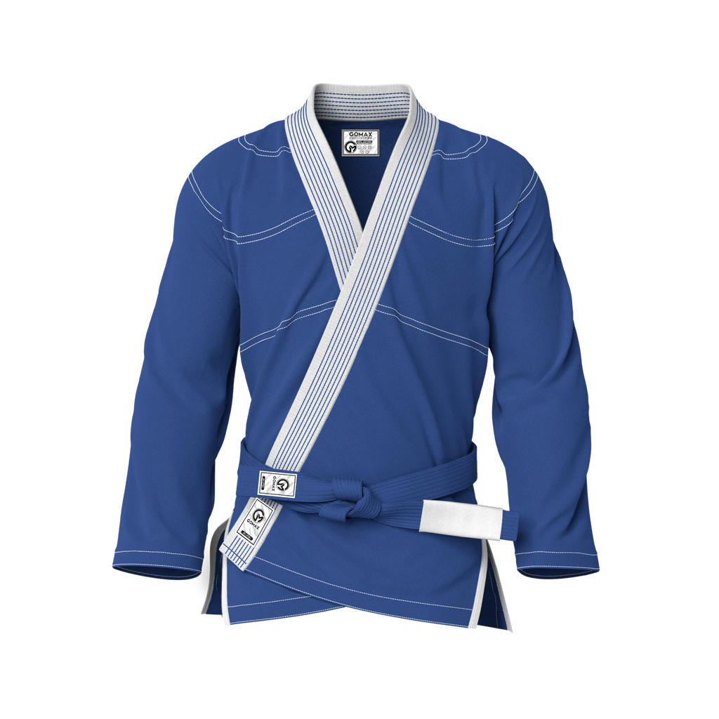 Front view of blue gi for tall athletes showing long fit design ideal for A2L and A3L grapplers.