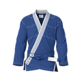 Front view of blue gi for tall athletes showing long fit design ideal for A2L and A3L grapplers.