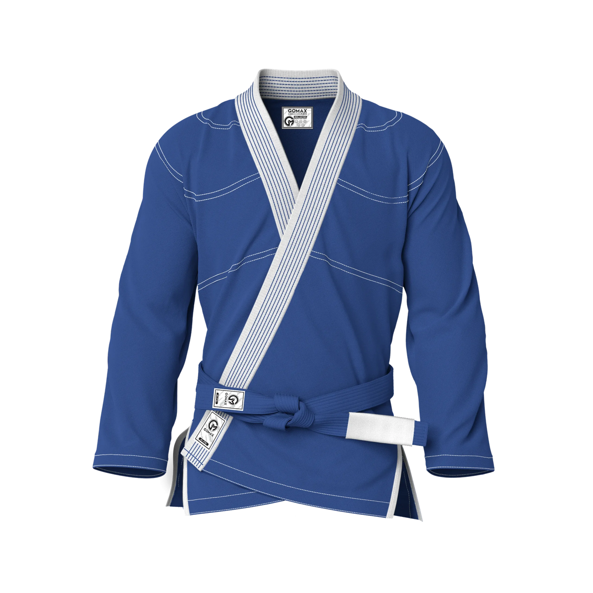 Front view of blue gi for tall athletes showing long fit design ideal for A2L and A3L grapplers.