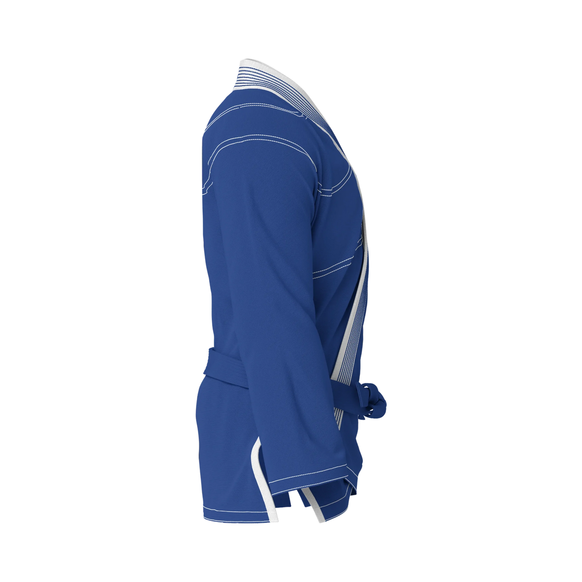 Side profile of A2L blue gi highlighting sleek silhouette and durable weave for tall grapplers.