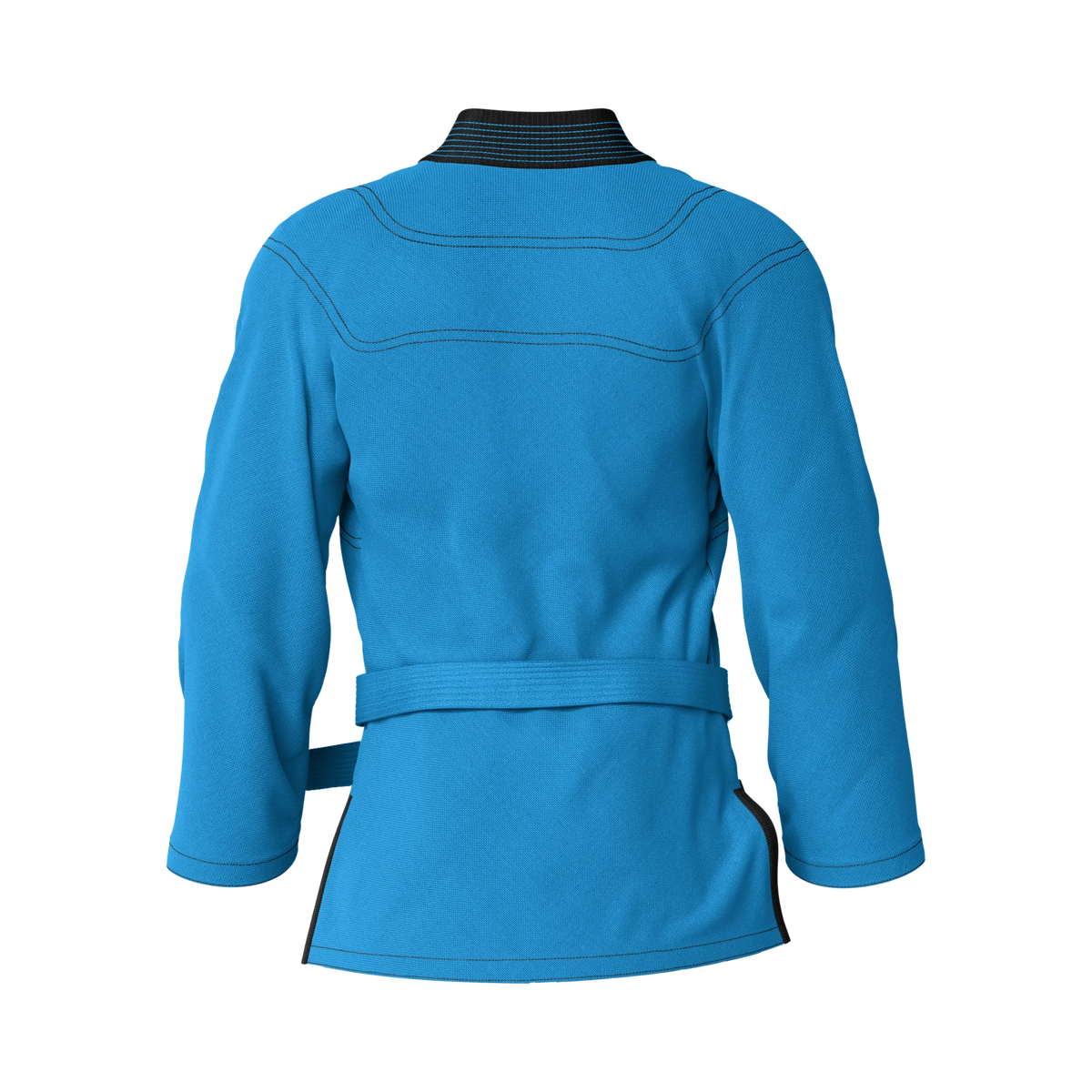 Back angle of women’s blue BJJ gi designed for durability and movement during training sessions.