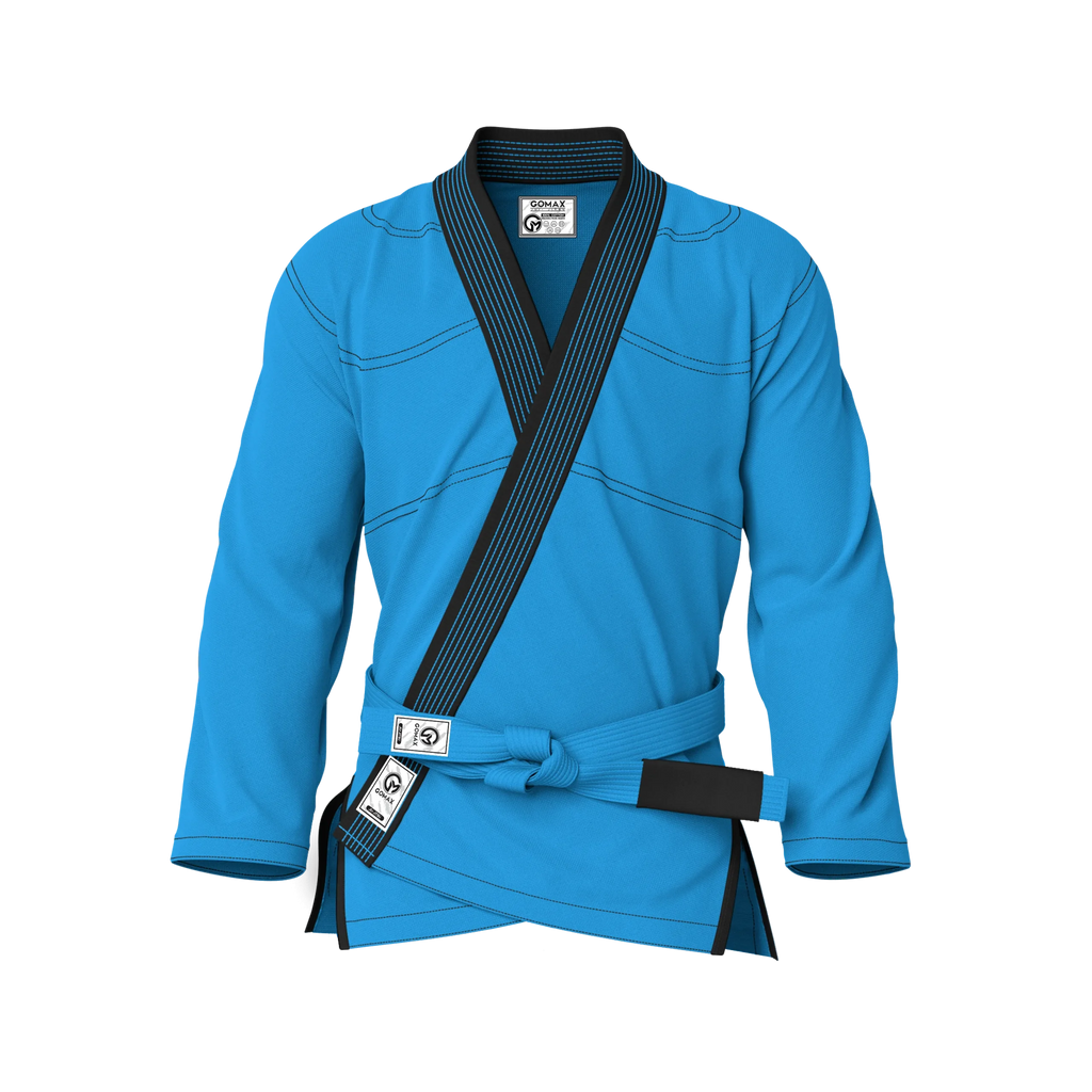 Front view of blue gi for women showing tapered fit and athletic cut for female athletes in BJJ.