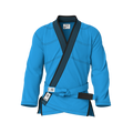 Front view of blue gi for women showing tapered fit and athletic cut for female athletes in BJJ.