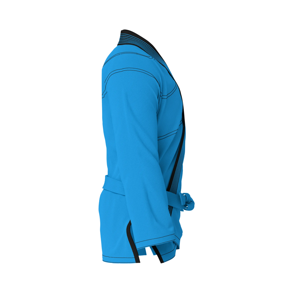 Side profile of female cut blue gi highlighting reinforced stitching and tailored silhouette.