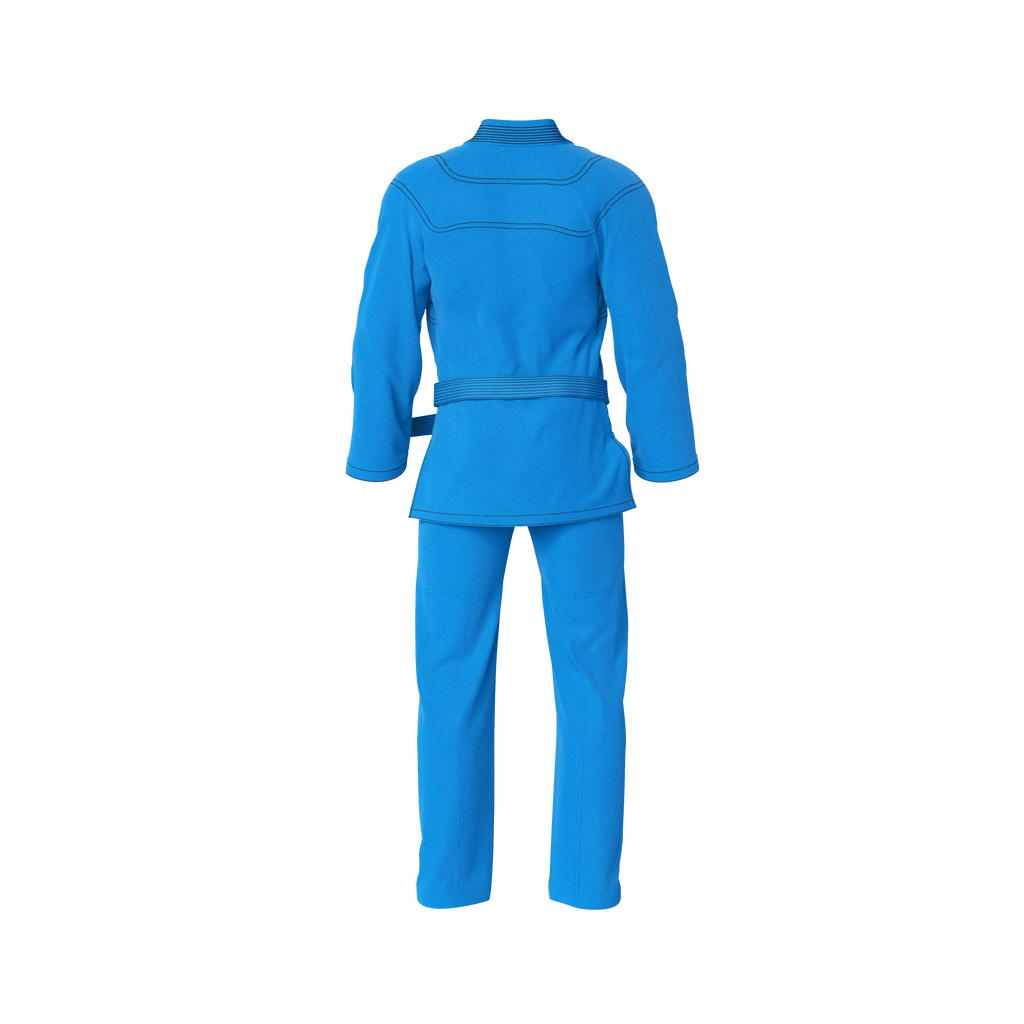Reinforced blue gi back profile with strong seams for tough rolls in BJJ training