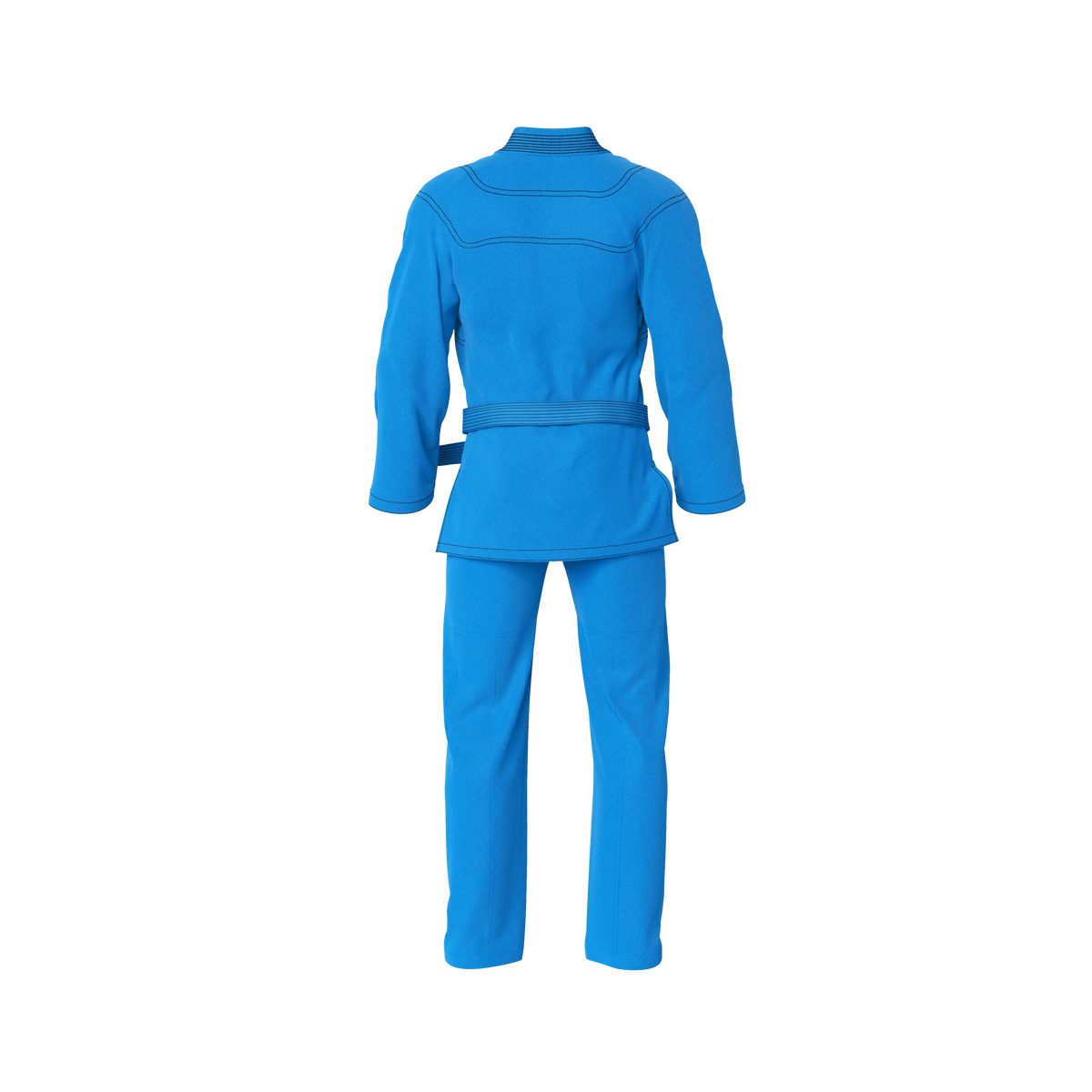 Reinforced blue gi back profile with strong seams for tough rolls in BJJ training
