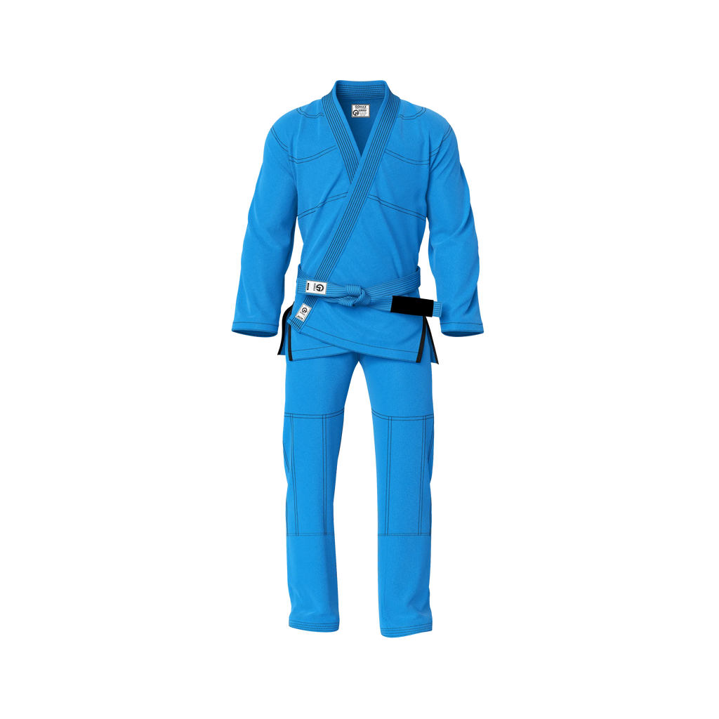 Blue gi with ripstop pants front view highlighting reinforced stitching and durable cotton weave