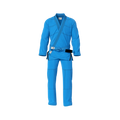 Blue gi with ripstop pants front view highlighting reinforced stitching and durable cotton weave