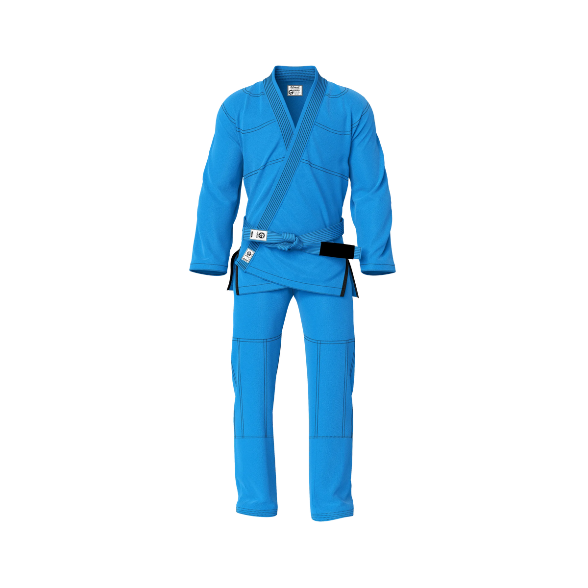 Blue gi with ripstop pants front view highlighting reinforced stitching and durable cotton weave
