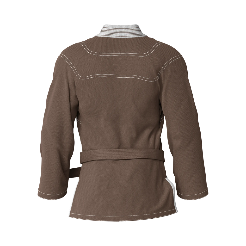 Back angle of travel-friendly brown gi tailored for mobility and comfort in warm-weather sessions.