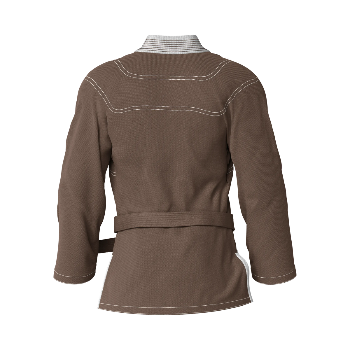 Back angle of travel-friendly brown gi tailored for mobility and comfort in warm-weather sessions.