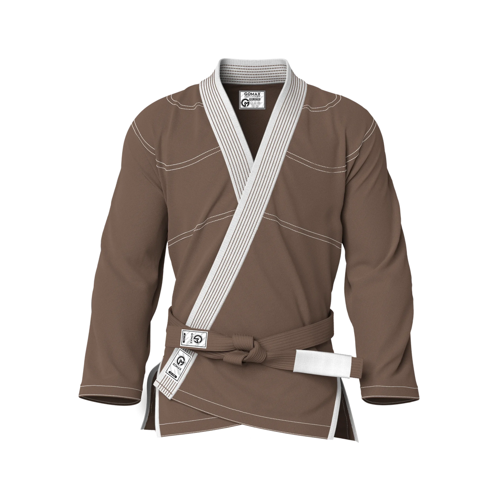 Front view of brown gi lightweight showing breathable weave and ultralight fit for summer BJJ training.
