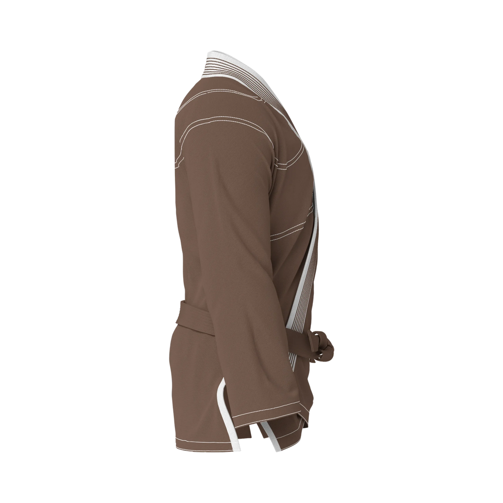 Side profile of ultralight brown BJJ gi highlighting sleek silhouette and lightweight construction.