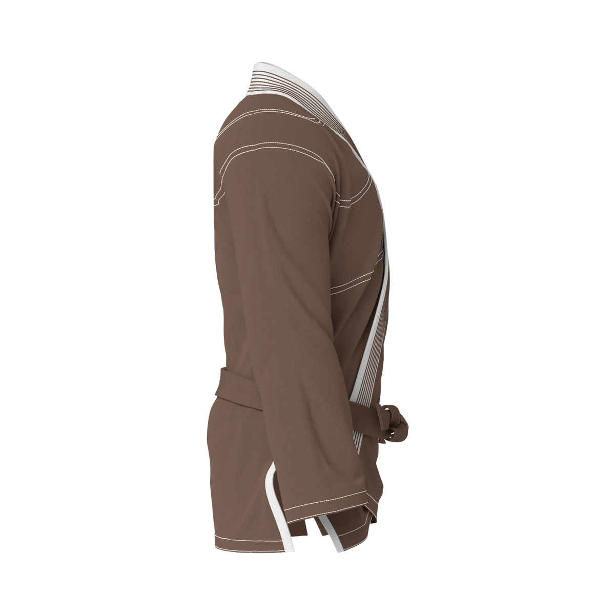 Side profile of ultralight brown BJJ gi highlighting sleek silhouette and lightweight construction.