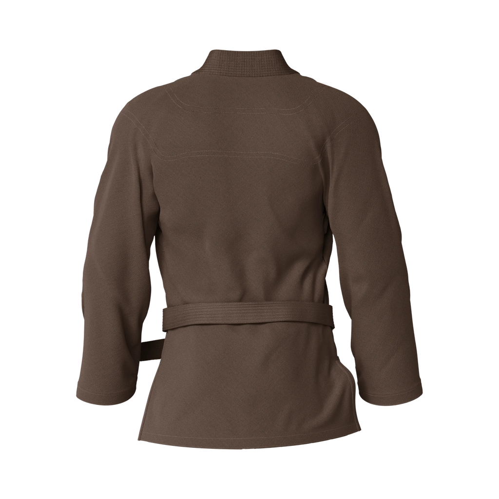 Back angle of basic brown gi tailored for white belts and starter-level Brazilian jiu jitsu training.