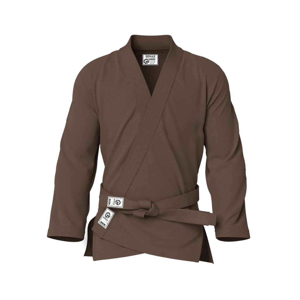 Front view of brown gi for beginners showing classic cut and reinforced stitching for entry-level BJJ.