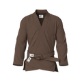 Front view of brown gi for beginners showing classic cut and reinforced stitching for entry-level BJJ.