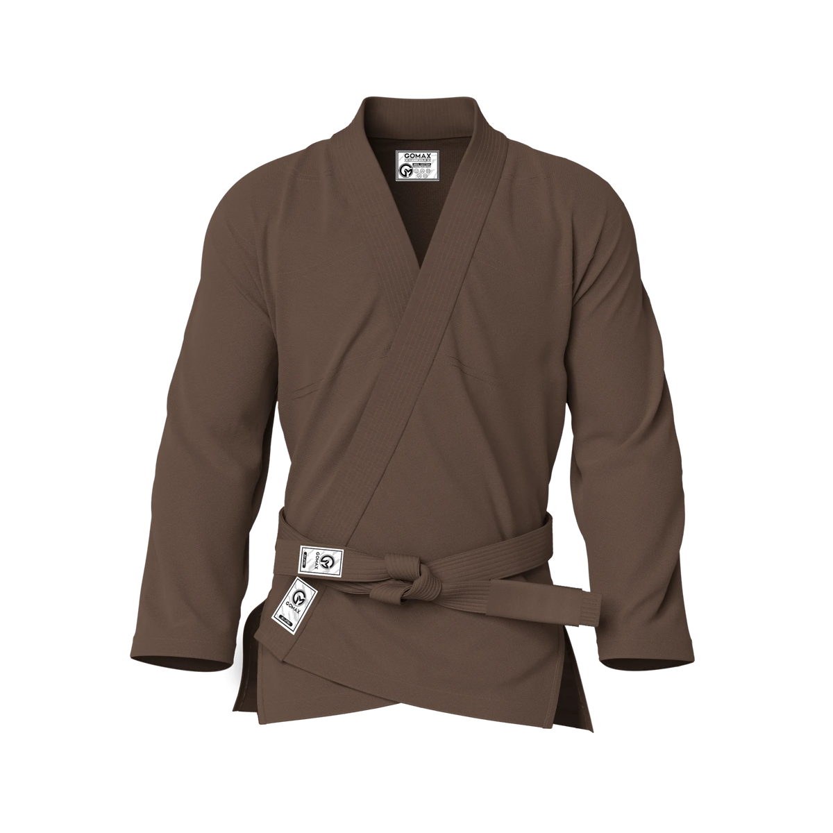 Front view of brown gi for beginners showing classic cut and reinforced stitching for entry-level BJJ.