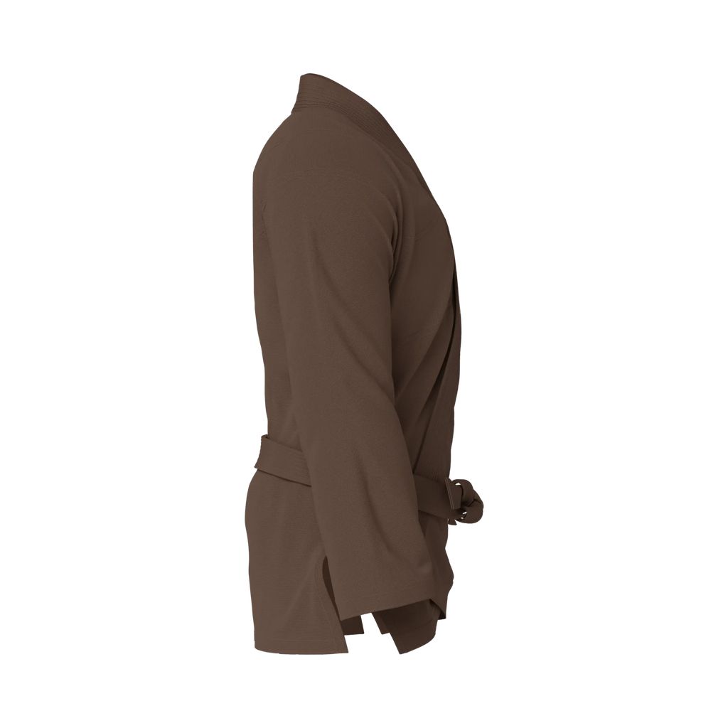 Side profile of starter brown BJJ gi highlighting pearl weave texture and durable construction.
