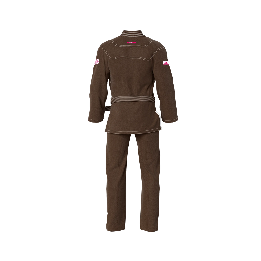 Competition brown gi back profile with durable seams for ranked belts and advanced matches