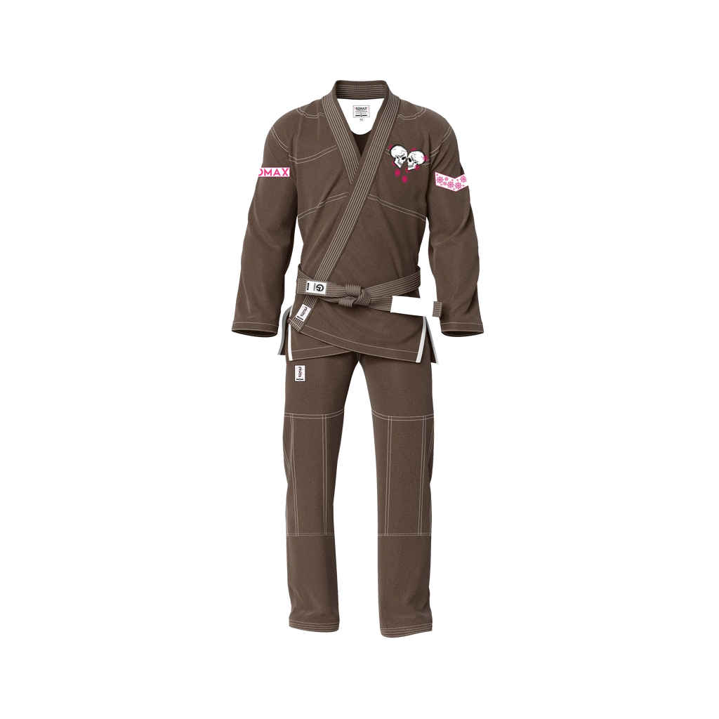 Brown gi for elite fighters front view showing competition‑ready cut and reinforced stitching
