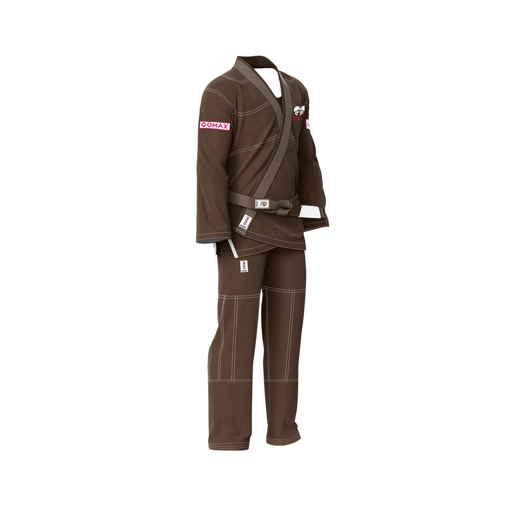 Brown gi for black belts side angle highlighting athletic fit and premium pearl weave