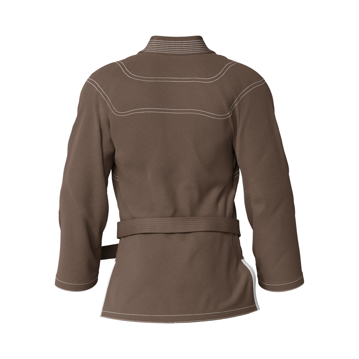 Back angle of durable brown gi tailored for open mat sessions and high-intensity BJJ drills.