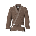Front view of brown gi for training showing reinforced stitching and pearl weave texture for sparring.
