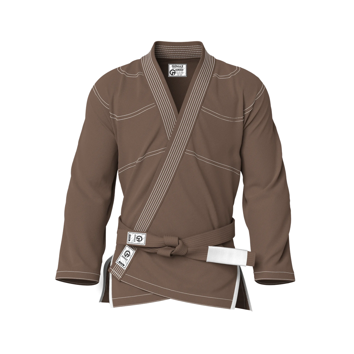 Front view of brown gi for training showing reinforced stitching and pearl weave texture for sparring.
