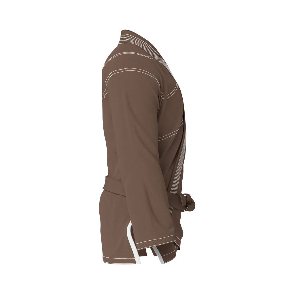 Side profile of brown gi for sparring highlighting athletic fit and long-lasting construction.