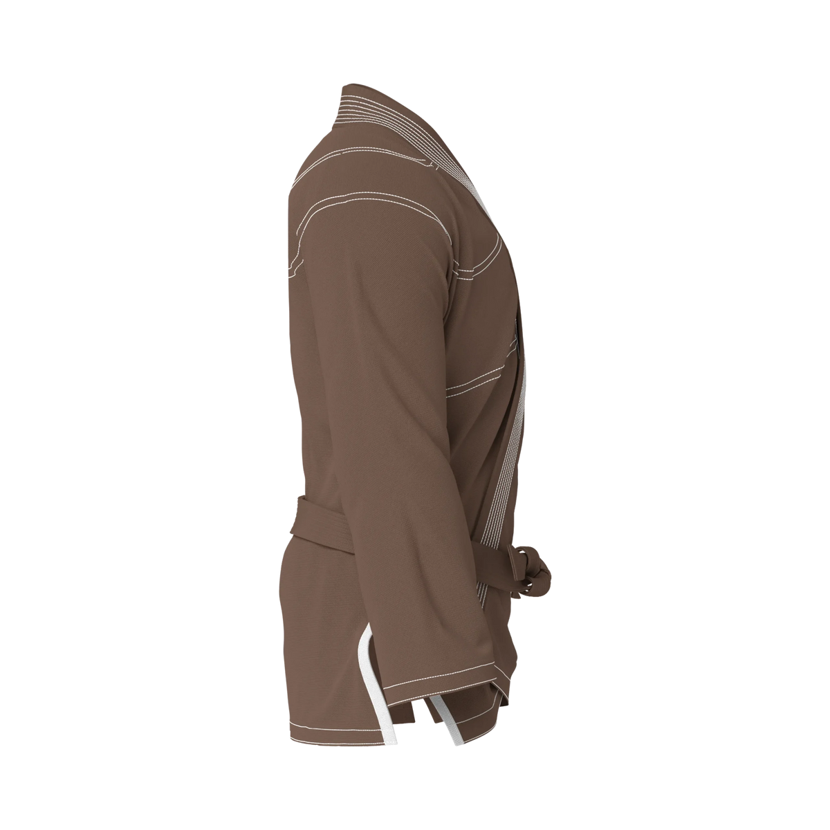 Side profile of brown gi for sparring highlighting athletic fit and long-lasting construction.