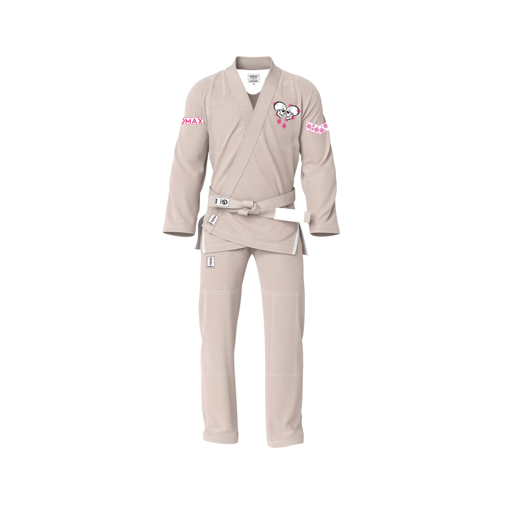 Competition cream BJJ gi front view showing tournament‑ready cut and reinforced stitching